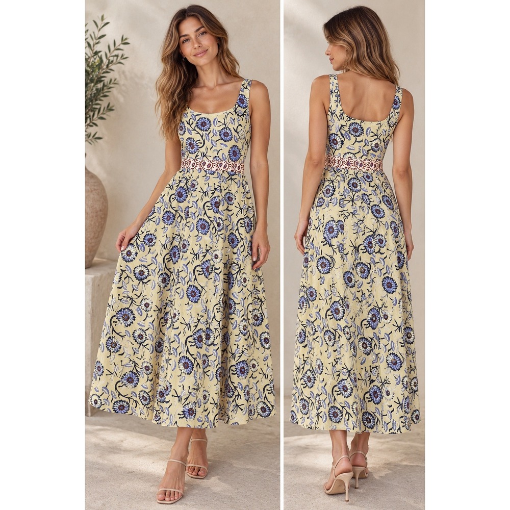 NWT Magari Italy Floral Block Print Maxi Dress Blue Ivory Smocked S Cottage Boho